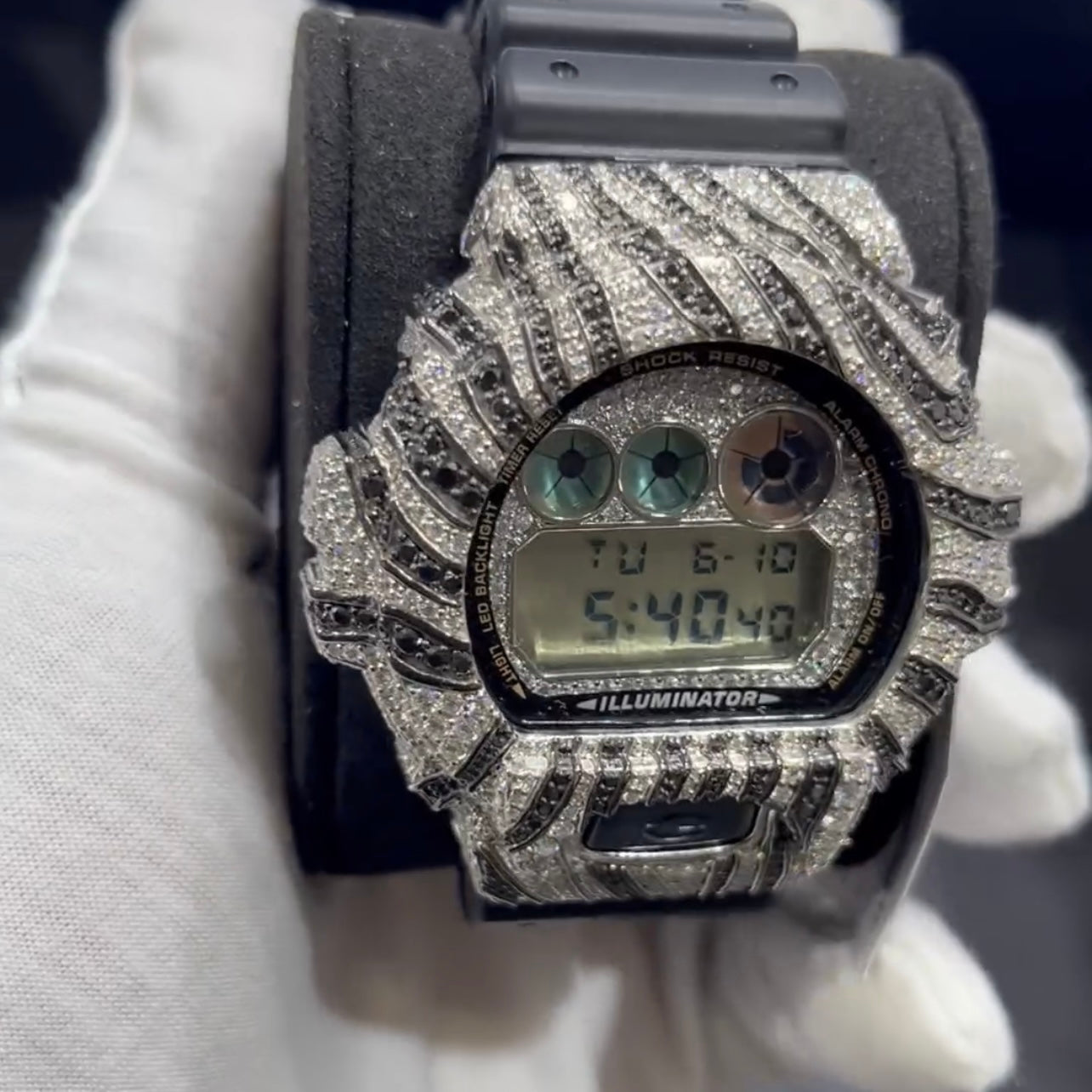 Custom Two Tone Moissanite Diamond G Shock DW6900 Watch Case 14K Gold side view - The Real Jewelry Company