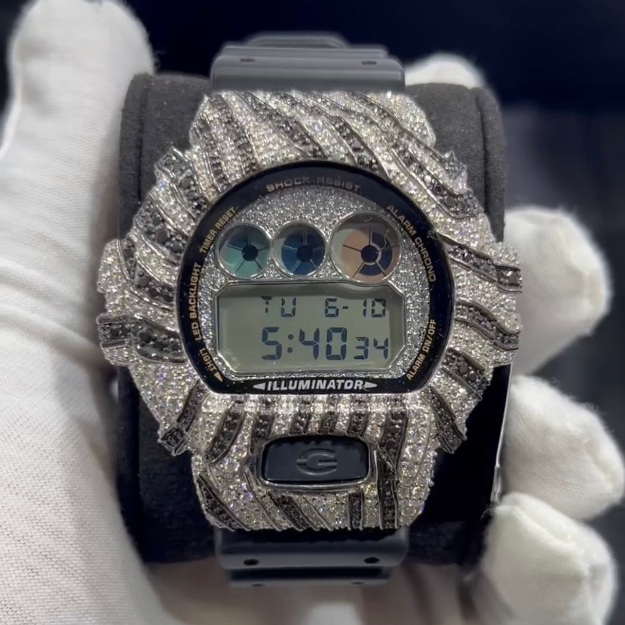 Custom Two Tone Moissanite Diamond G Shock DW6900 Watch Case 14K Gold - Moissanite Watch from The Real Jewelry Company