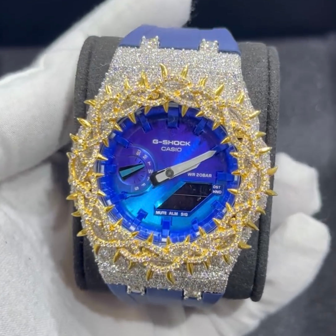 Custom Two Tone Moissanite Diamond G Shock GA2100 Watch Case 10K Gold close-up - The Real Jewelry Company