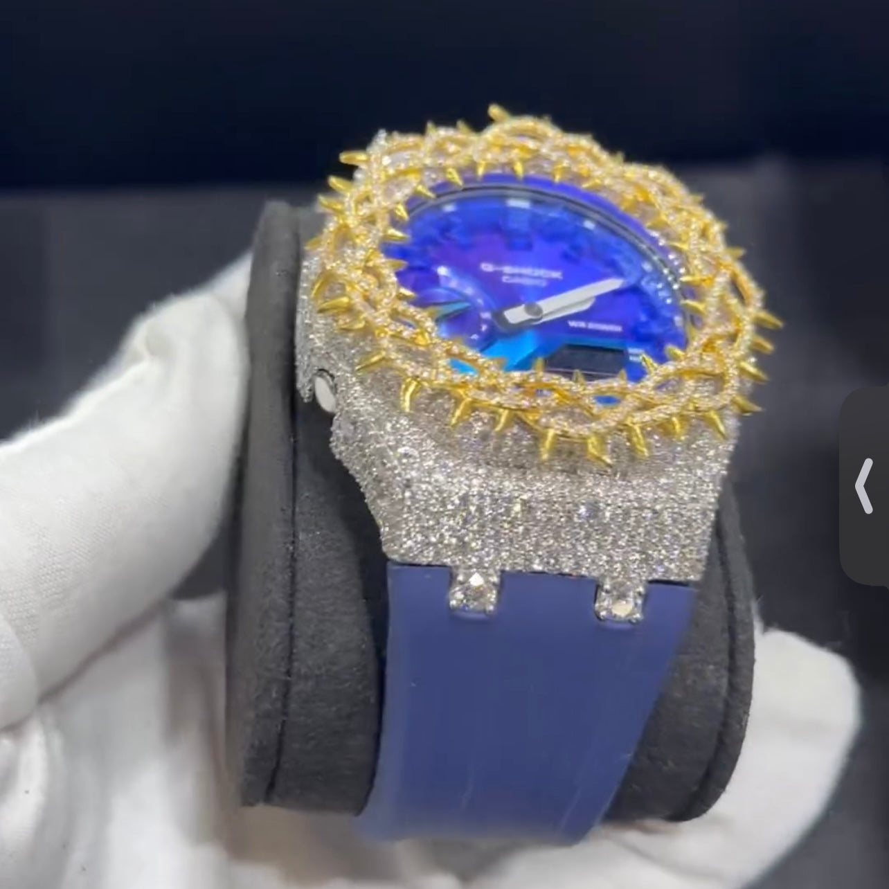 Custom Two Tone Moissanite Diamond G Shock GA2100 Watch Case 10K Gold side view - The Real Jewelry Company