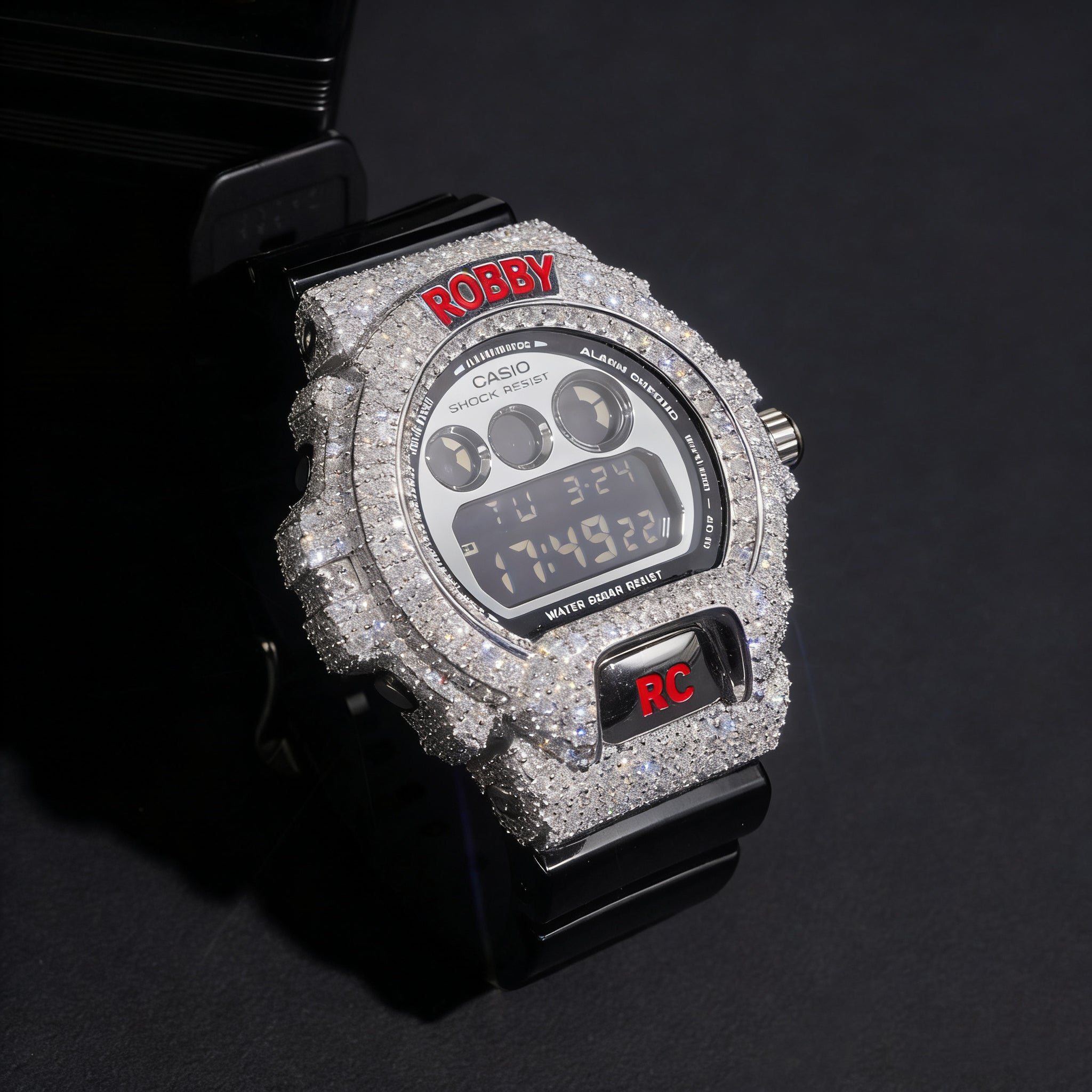 Moissanite Diamond Iced Out DW6900 G Shock Watch Custom Name on model - The Real Jewelry Company