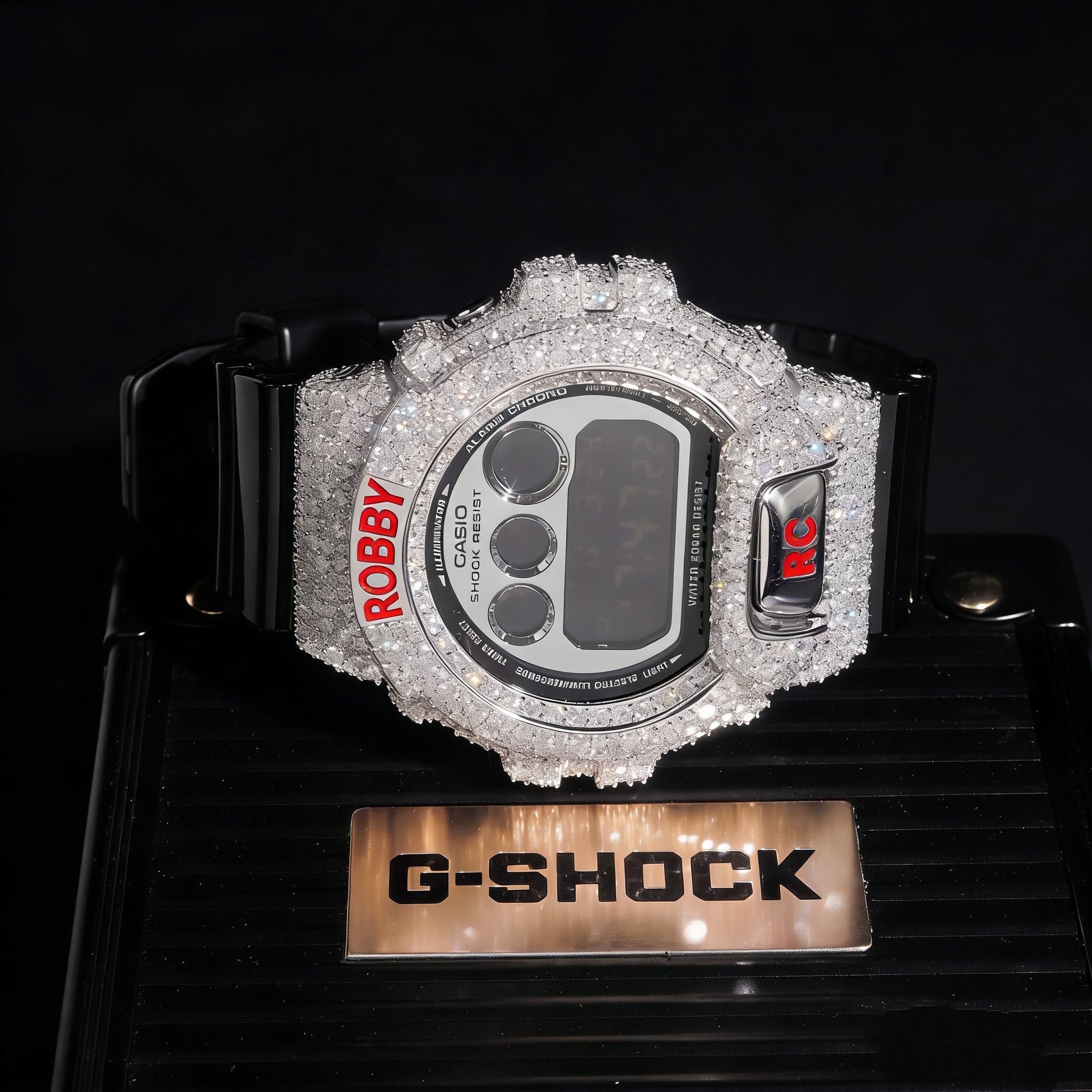 Moissanite Diamond Iced Out DW6900 G Shock Watch Custom Name side view - The Real Jewelry Company