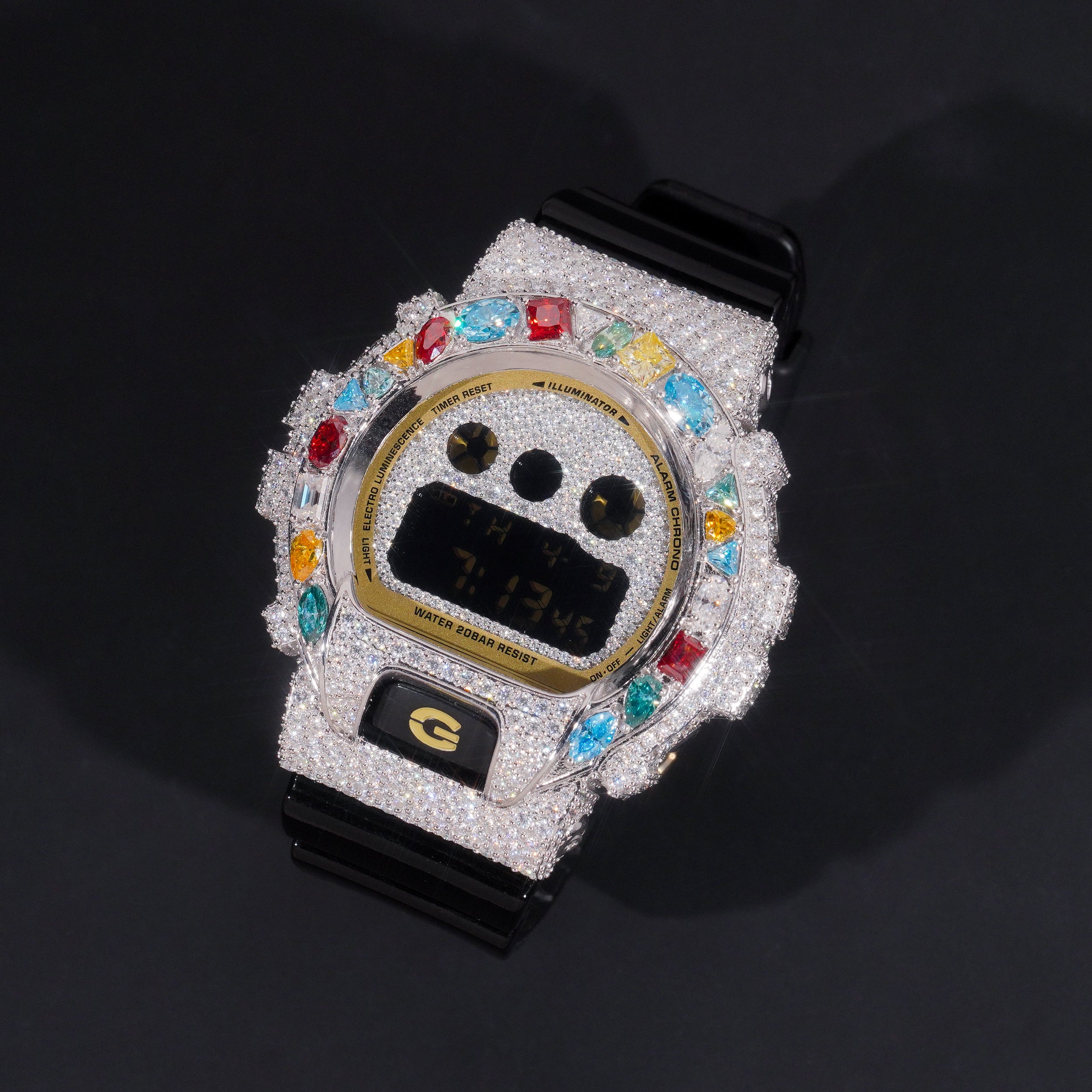 G Shock DW6900 Moissanite Watches Case 10K Gold close-up - The Real Jewelry Company