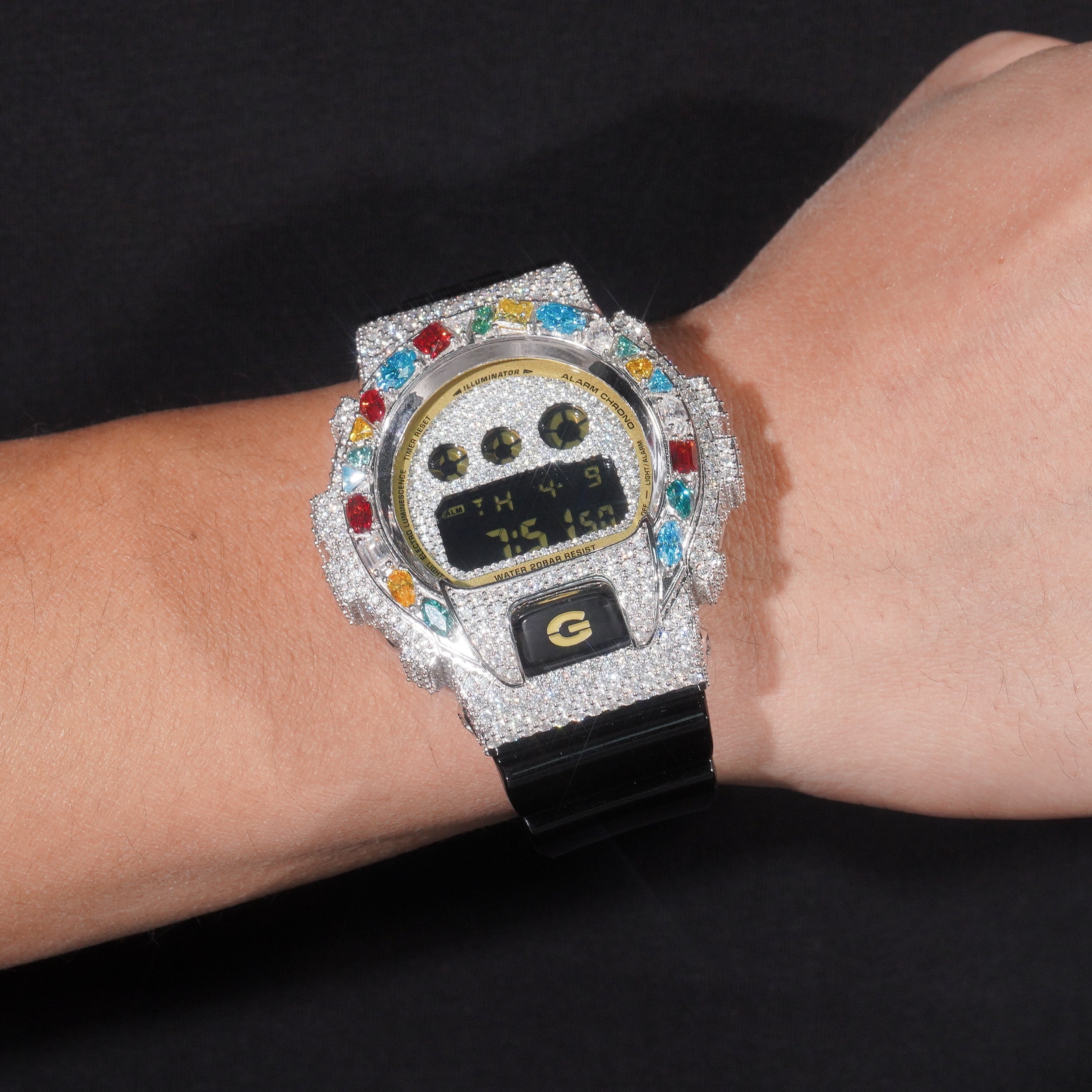 G Shock DW6900 Moissanite Watches Case 10K Gold side view - The Real Jewelry Company