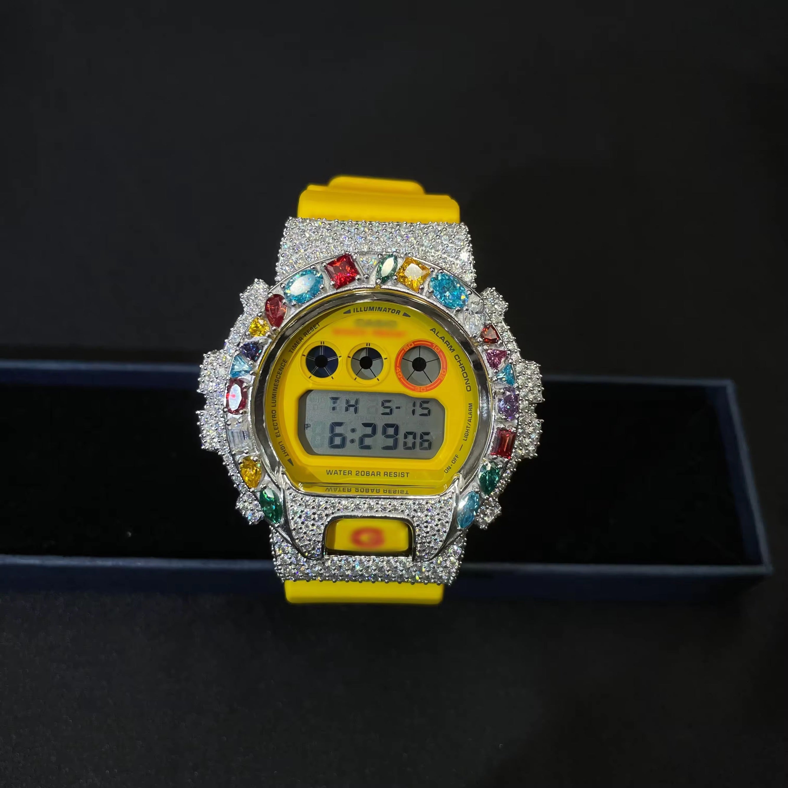G Shock Iced Out DW6900 Moissanite Watch Case 10K Gold close-up - The Real Jewelry Company