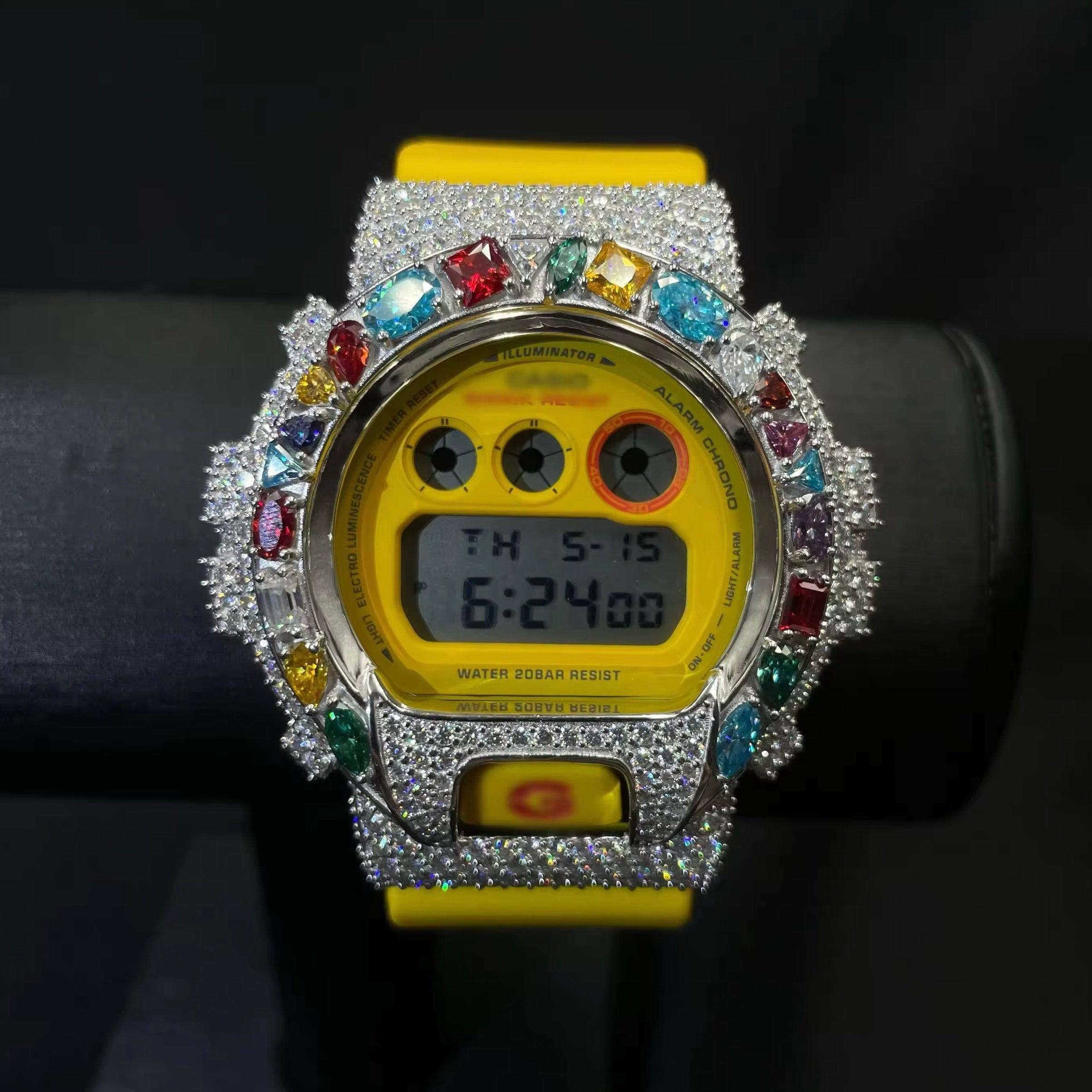 G Shock Iced Out DW6900 Moissanite Watch Case 10K Gold - Moissanite Watch from The Real Jewelry Company