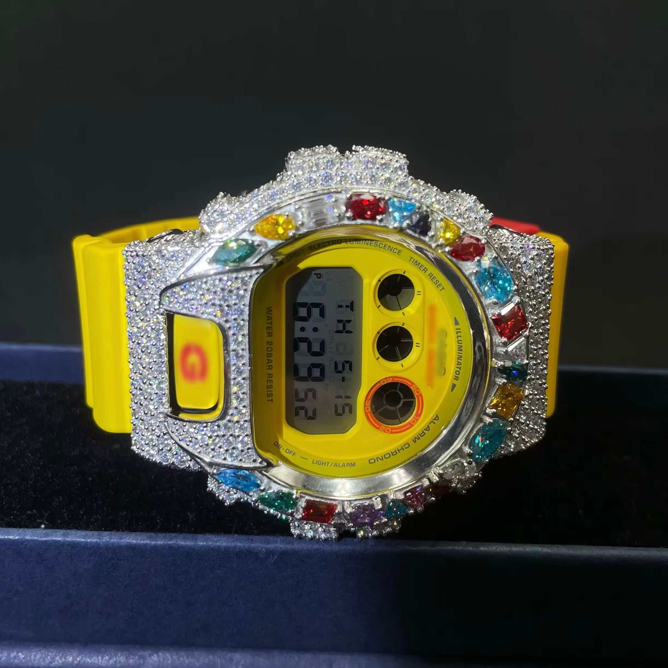 G Shock Iced Out DW6900 Moissanite Watch Case 10K Gold on model - The Real Jewelry Company