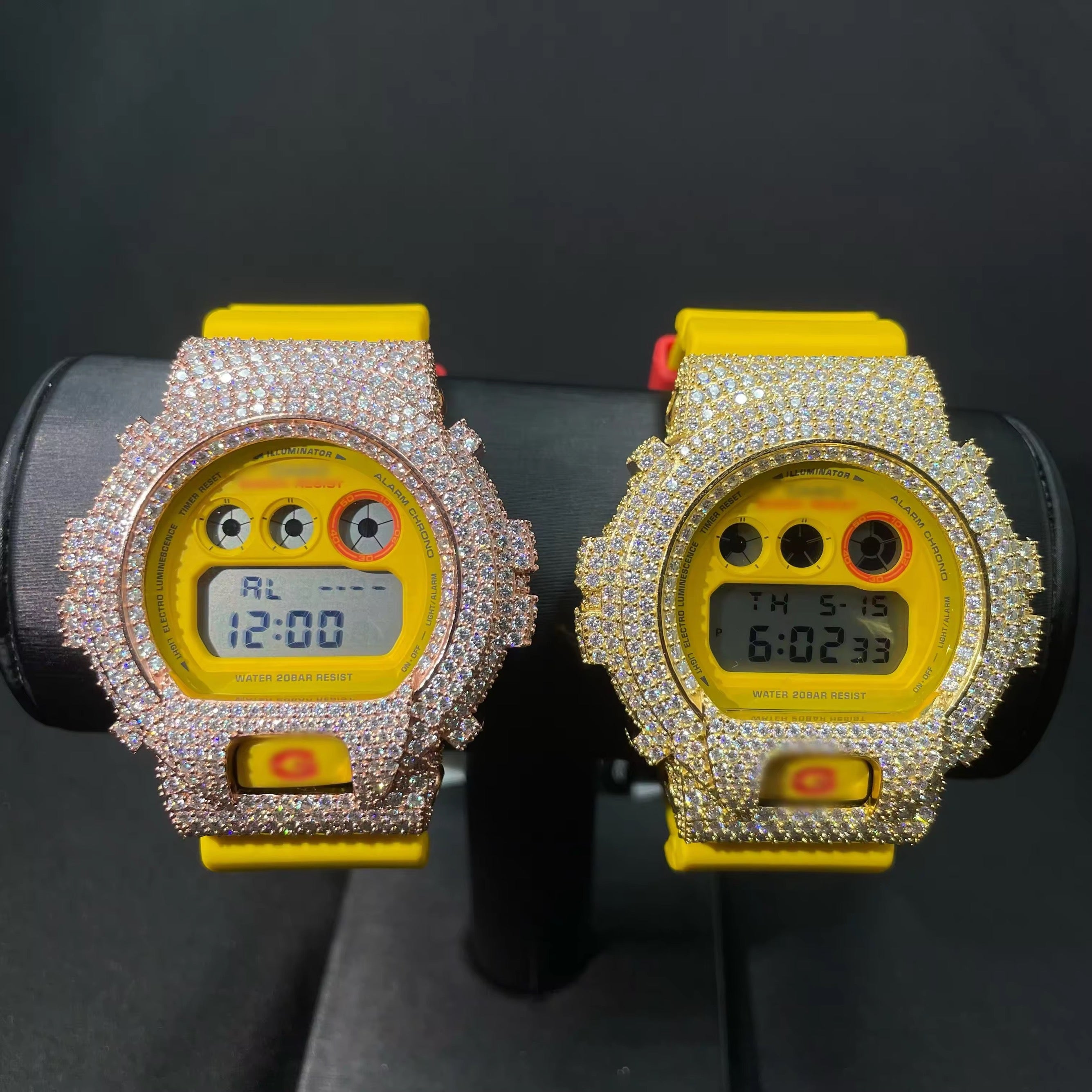 G Shock Iced Out DW6900 Moissanite Watch Case 14K Gold - Moissanite Watch from The Real Jewelry Company