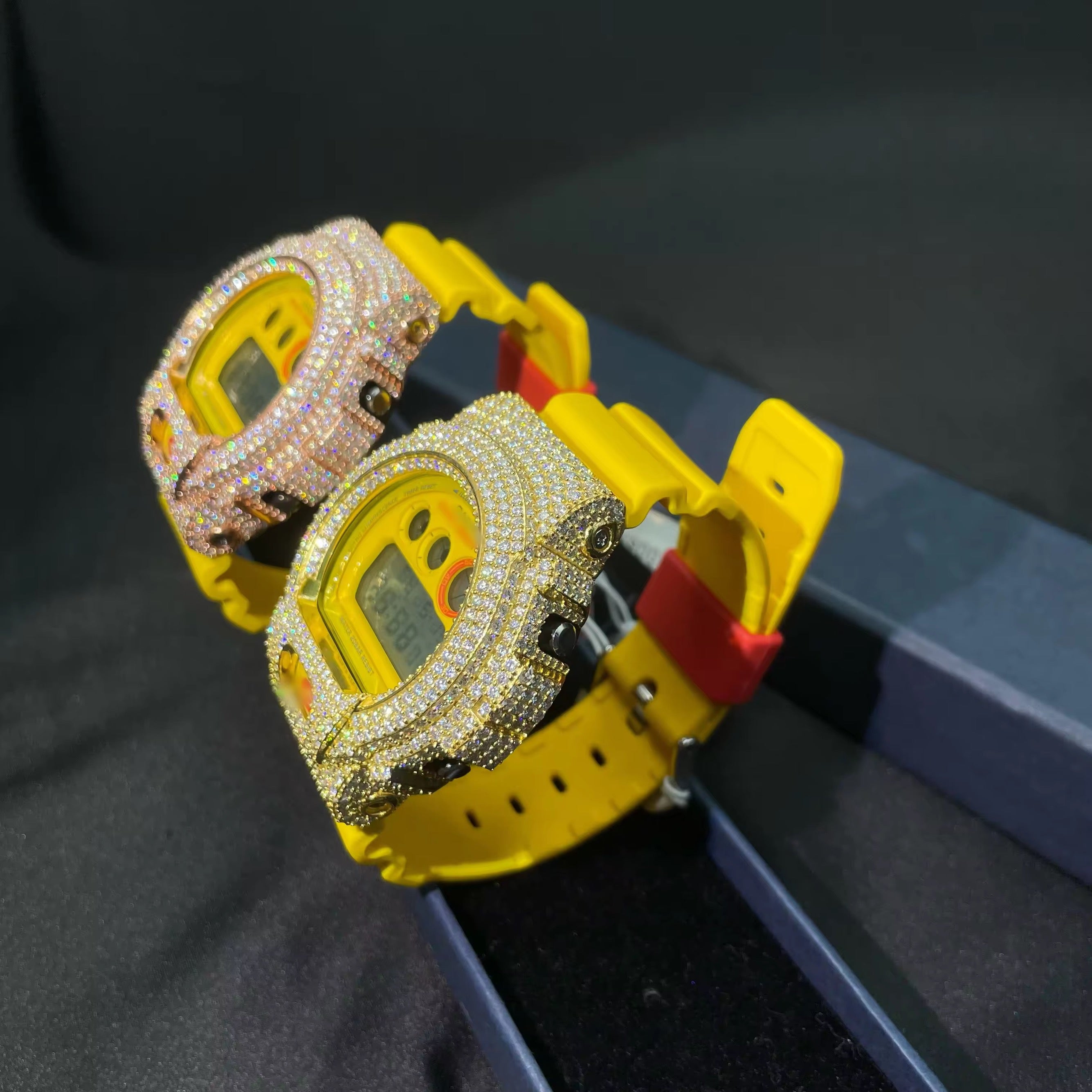 G Shock Iced Out DW6900 Moissanite Watch Case 14K Gold close-up - The Real Jewelry Company