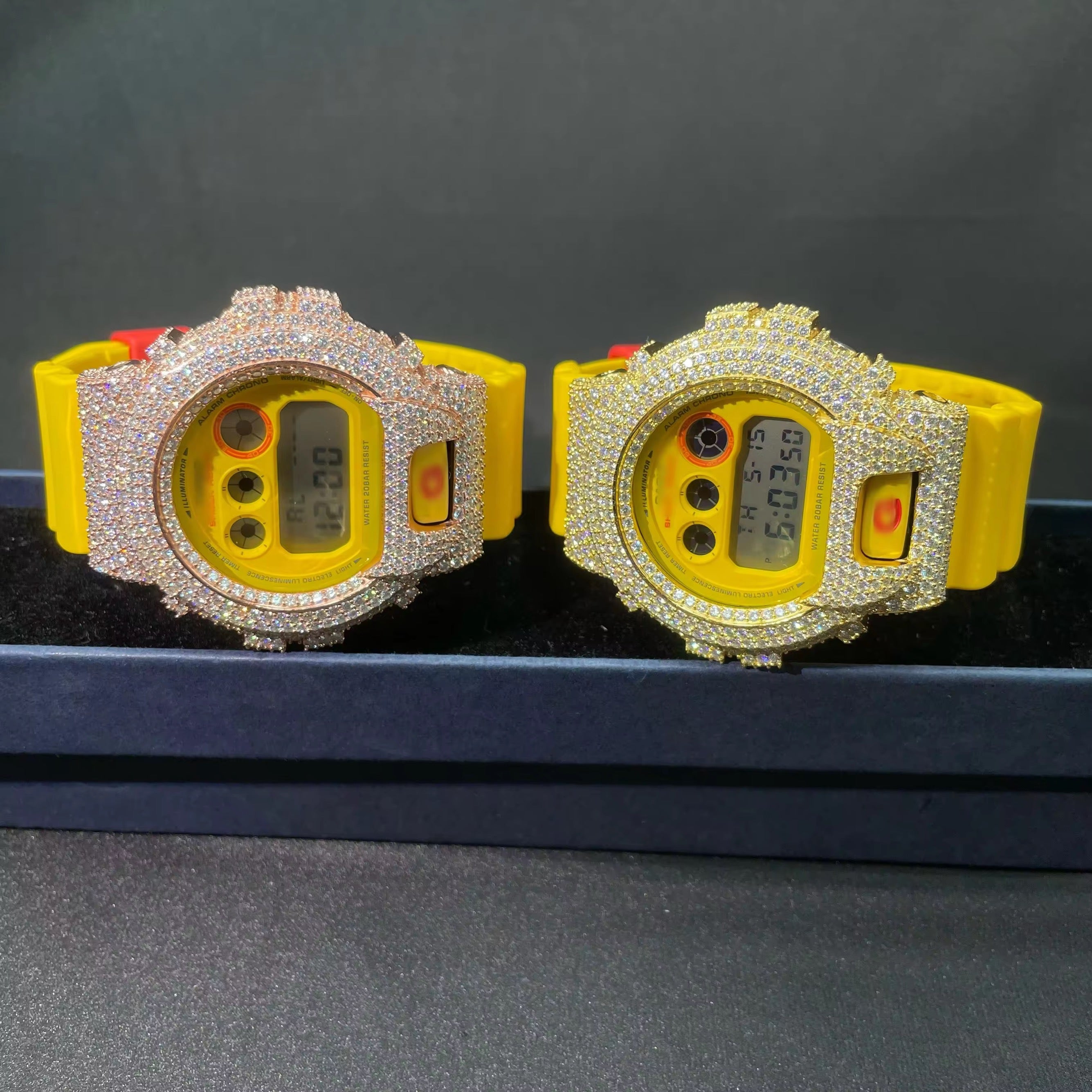 G Shock Iced Out DW6900 Moissanite Watch Case 14K Gold side view - The Real Jewelry Company