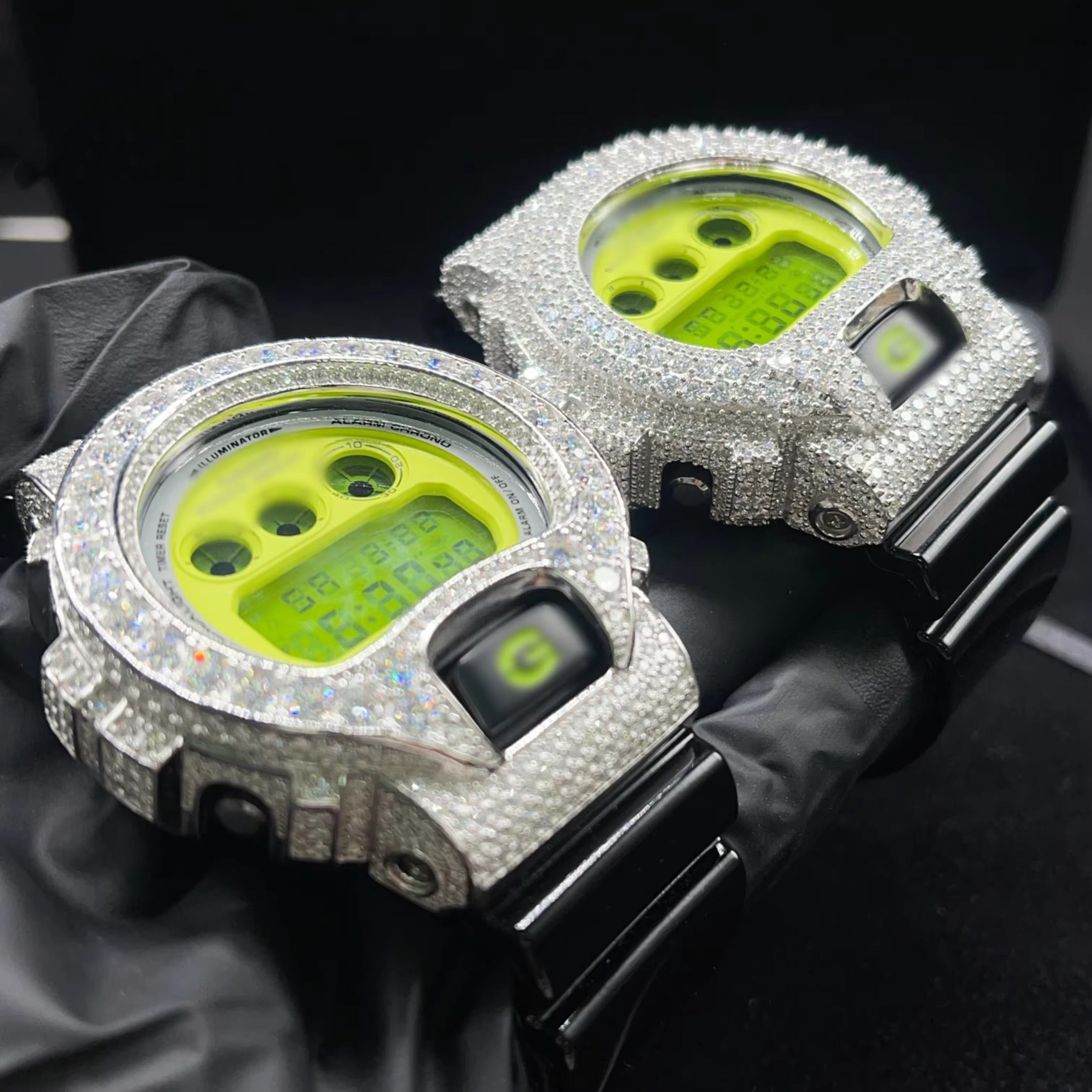 G Shock Iced Out DW6900 Moissanite Watches Case 10K Gold close-up - The Real Jewelry Company
