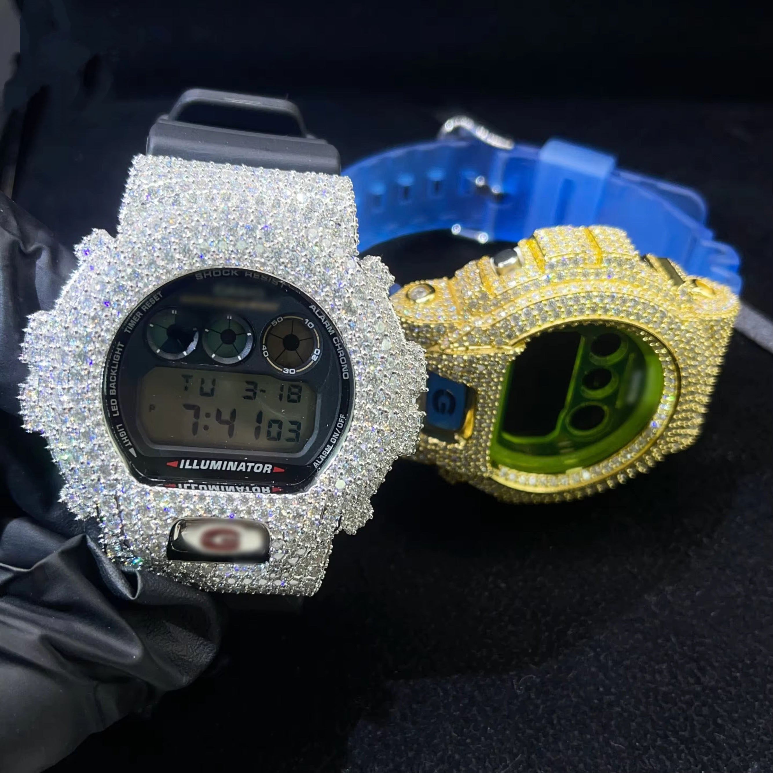 G Shock Iced Out DW6900 Moissanite Watches Case 14K Gold close-up - The Real Jewelry Company