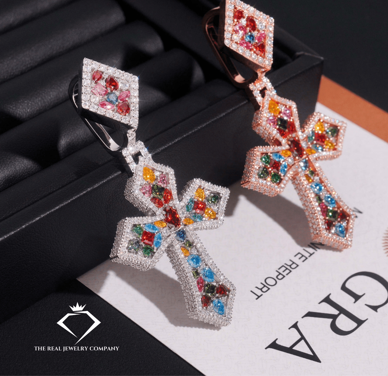 Heavenly Ice – Multicolor Moissanite & Sapphire Cross Pendant (STOCK)