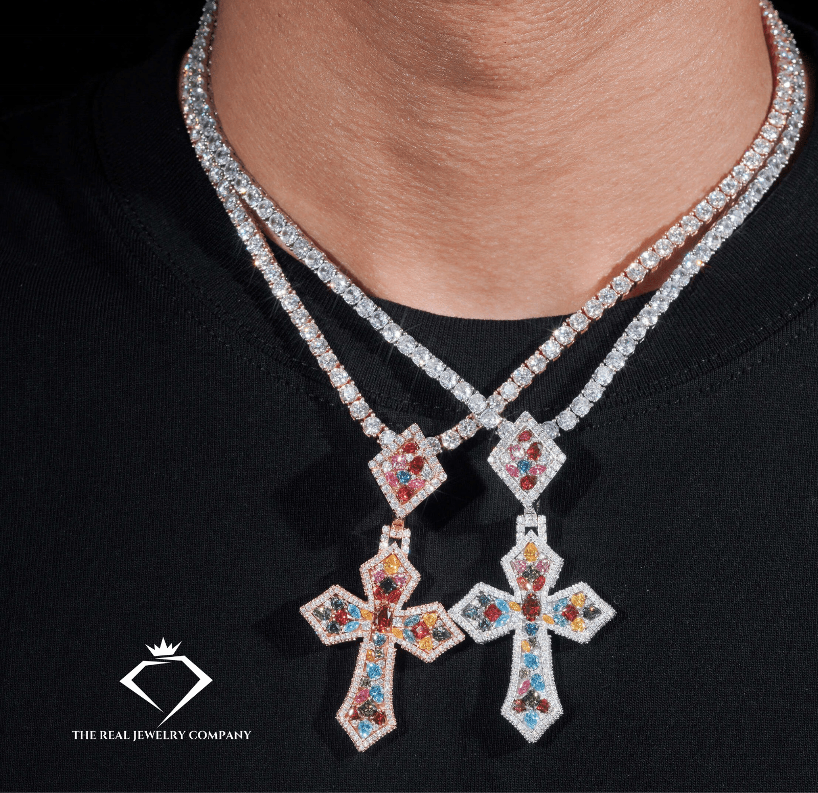 Heavenly Ice – Multicolor Moissanite & Sapphire Cross Pendant (STOCK)