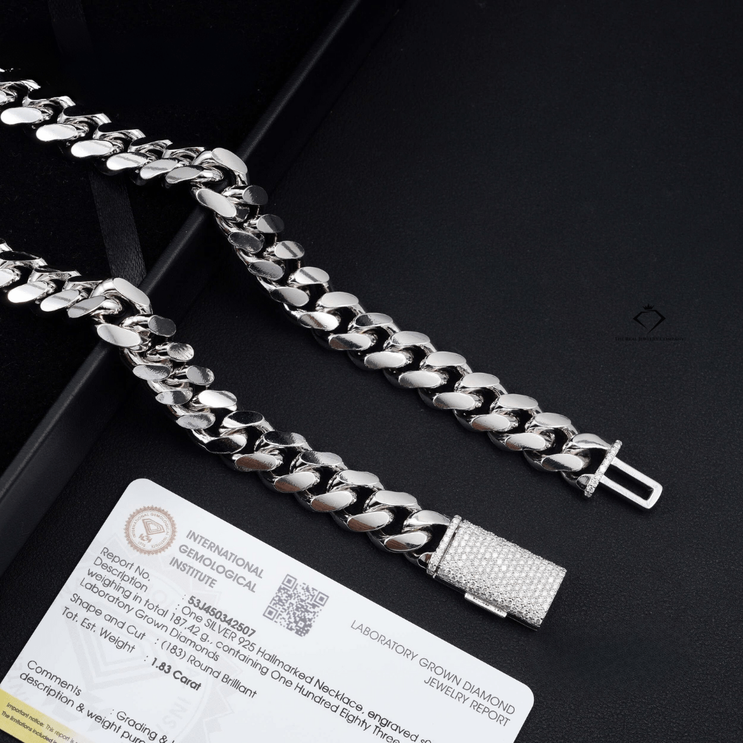 IGI Certified Lab - Grown Diamond Cuban Chain – 12MM 925 Silver Iced Out Necklace & Bracelet