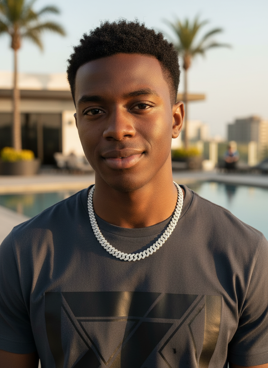 Man wearing a dark t-shirt with a geometric design and a silver chain necklace, standing outdoors with palm trees and a pool in the background.