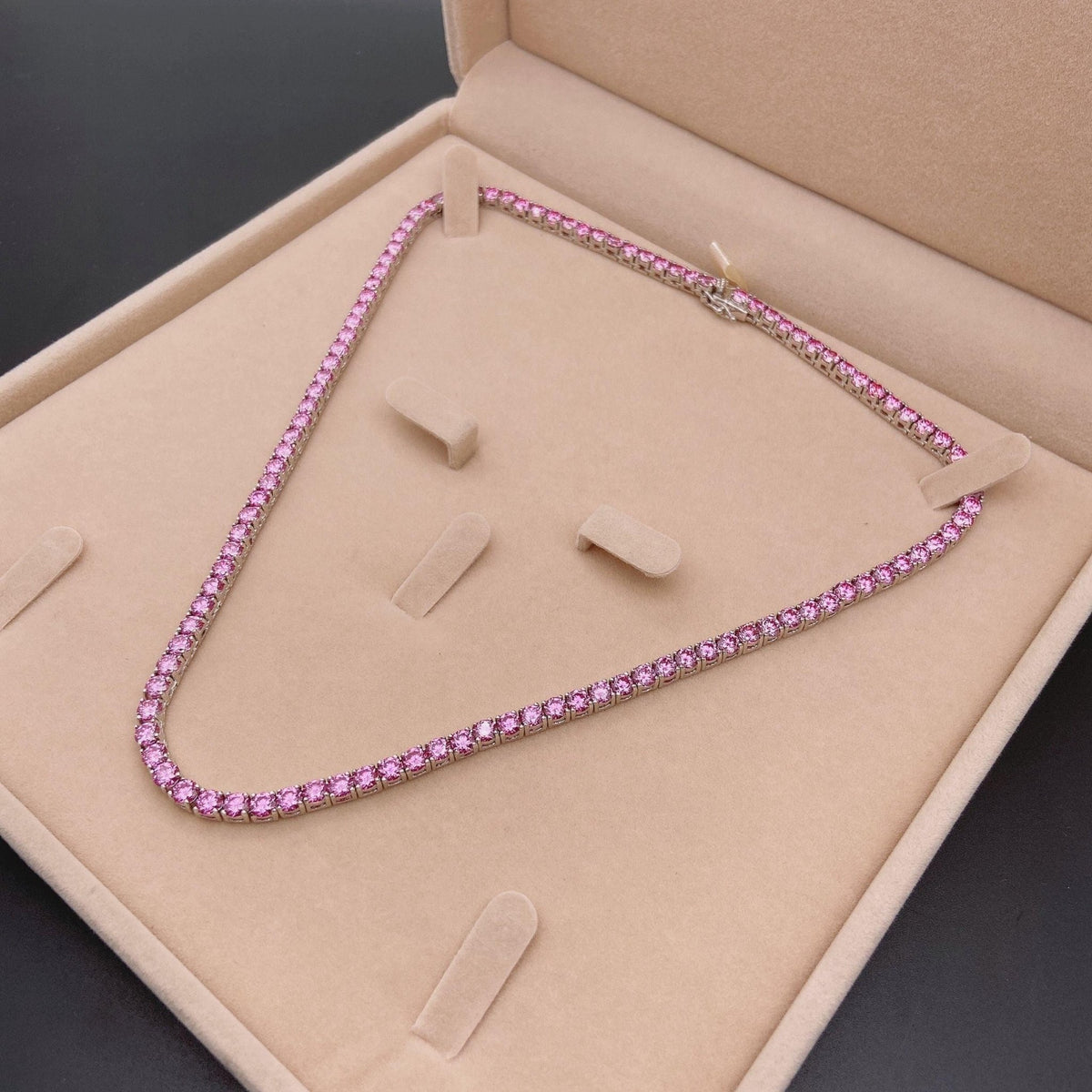 Tennis Chain Real 925 Sterling Silver 14k Rose Gold Finish Pink Diamond  Necklace
